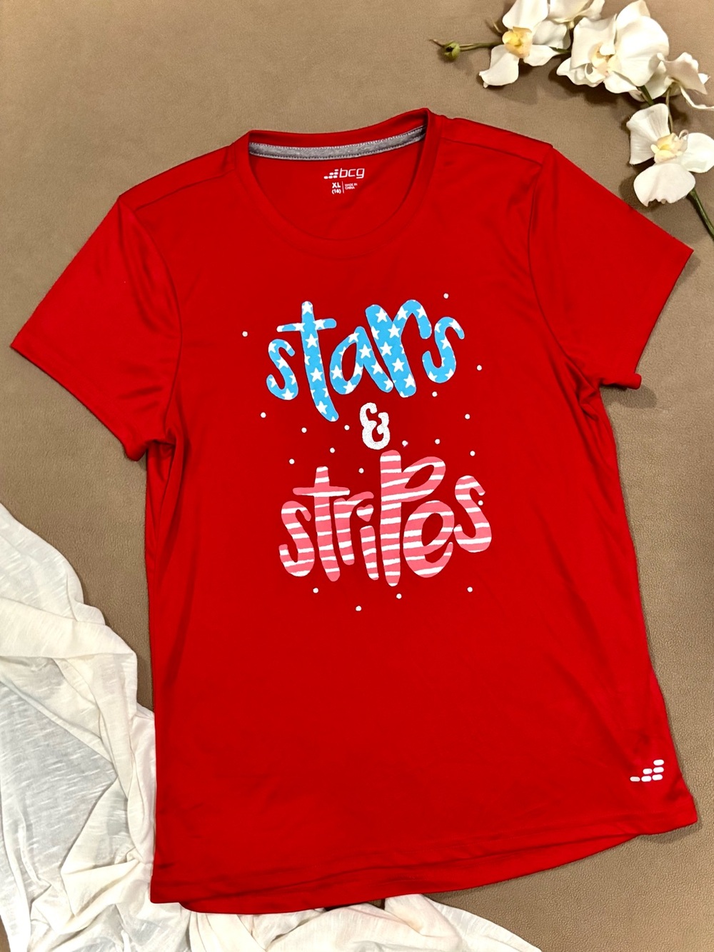 BCG Girls Red White Blue Stars & Stripes Athletic Performance Tee XL (16)